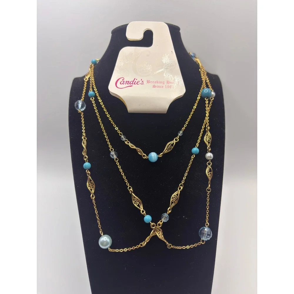 Candies Gold Tone Station Necklace Turquoise Blue Beads Faux Pearl Filigree 42in